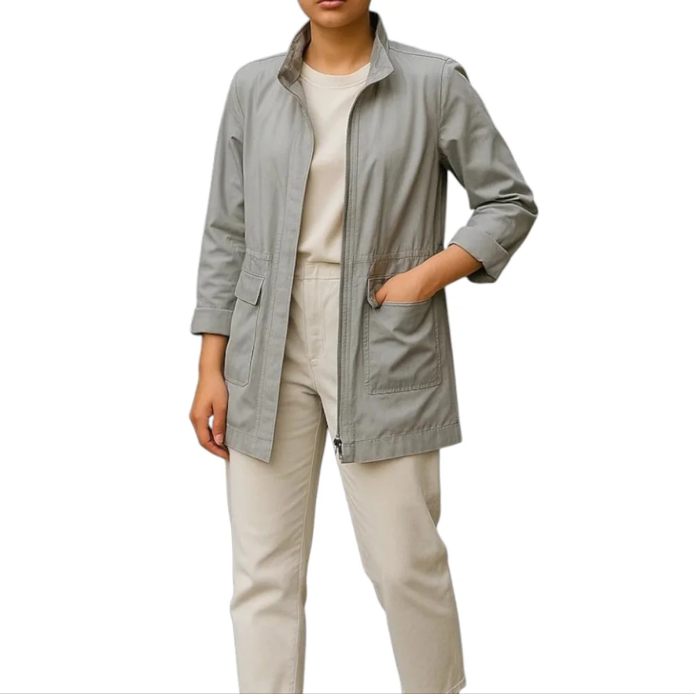 Eileen Fisher Satin Sheen Funnel-Neck Trench Coat - Picture 14 of 14
